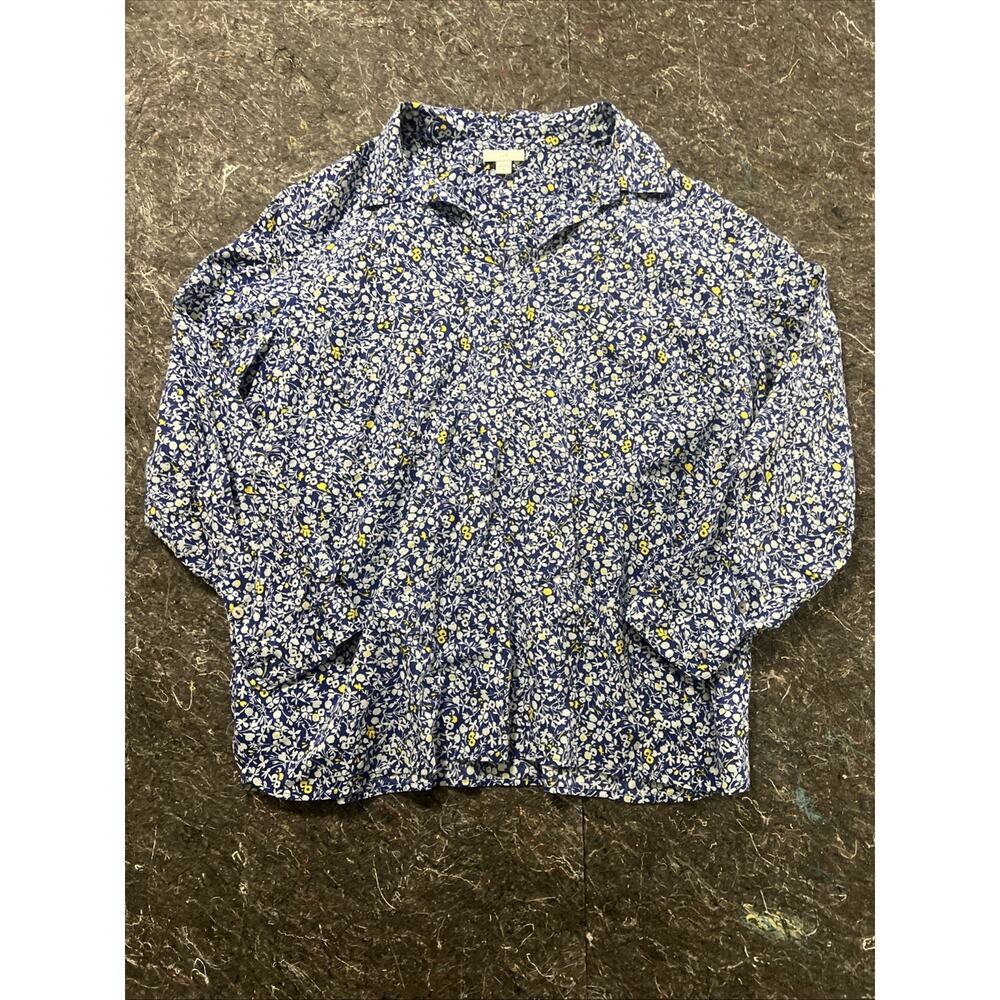 J Jill Womens XL Popover Top Long Sleeves Blue Floral Print Cotton Rayon Blend